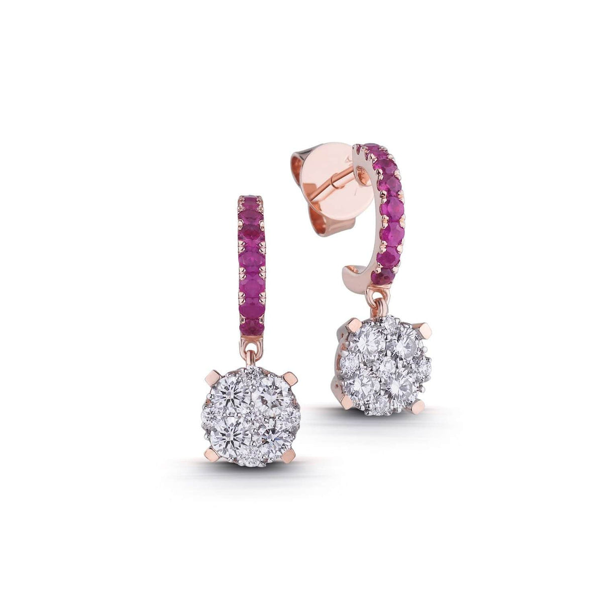 RAINBOW | Diamond Earrings Ruby Drop Round Clusters