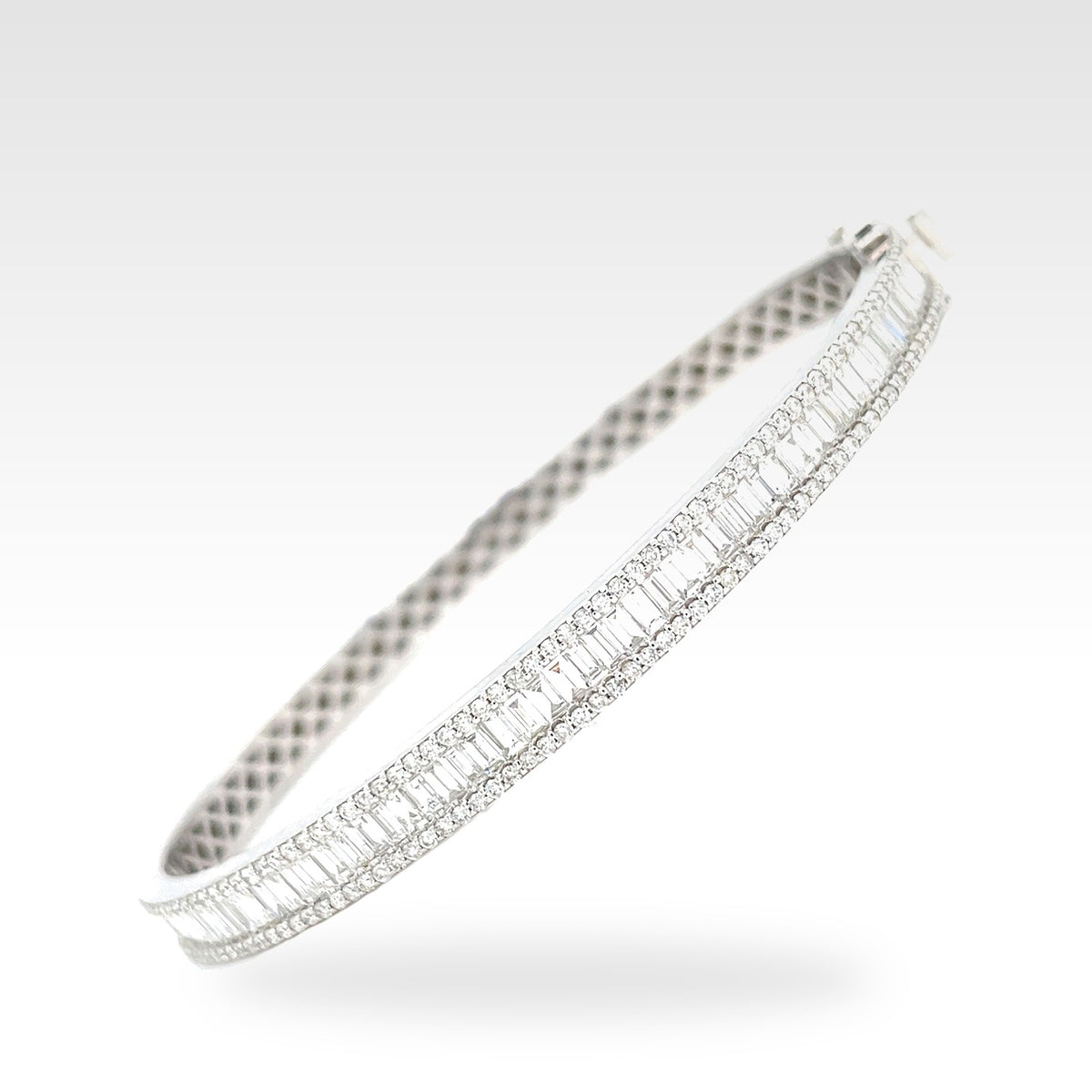 Baguette 18ct 3 Row Bangle in white gold with round diamonds