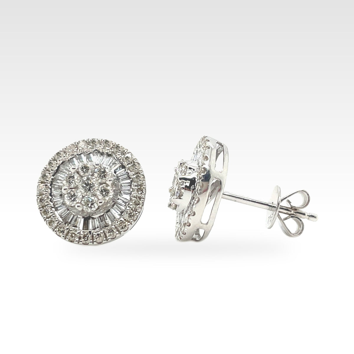 Baguette 18ct Diamond Halo Stud Earrings in 18ct white gold
