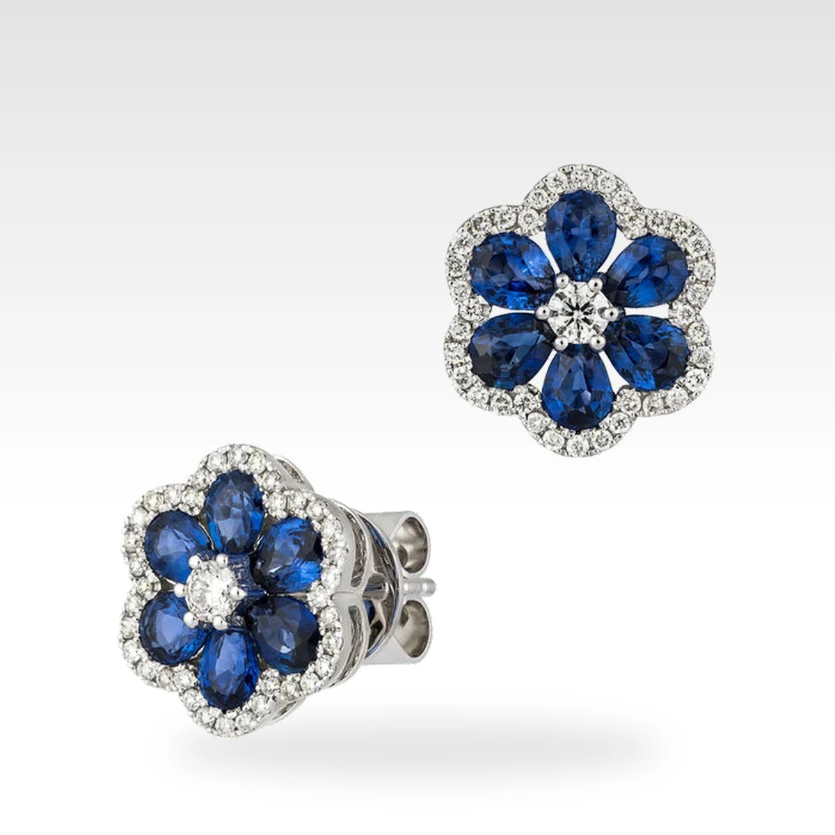 Floral Blue Sapphire Stud Earrings with diamonds