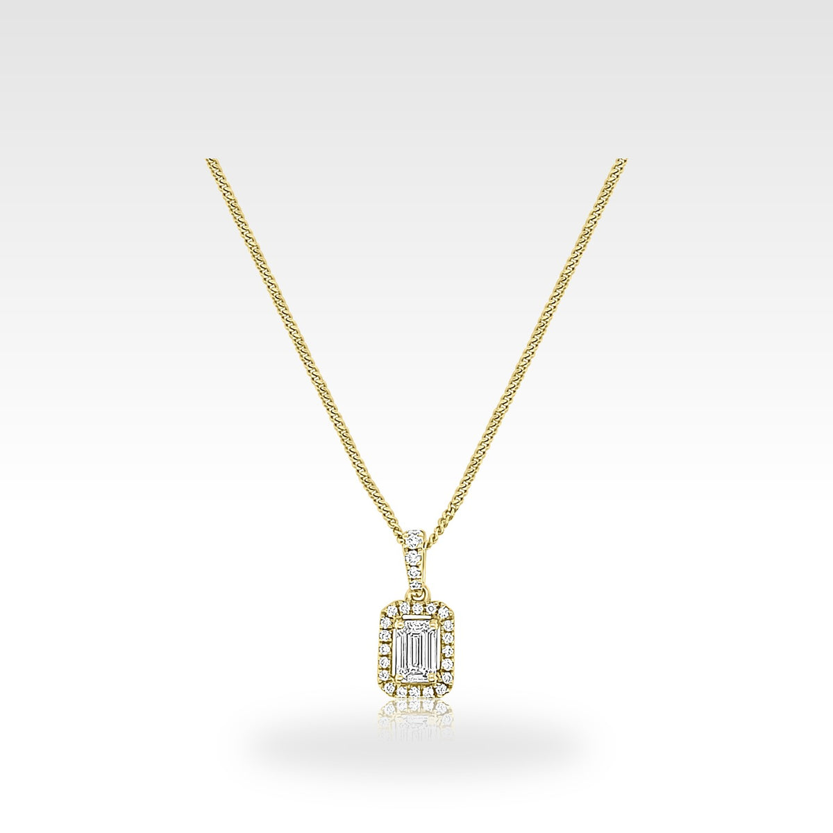 18ct Emerald Halo Necklace in 18ct yellow gold