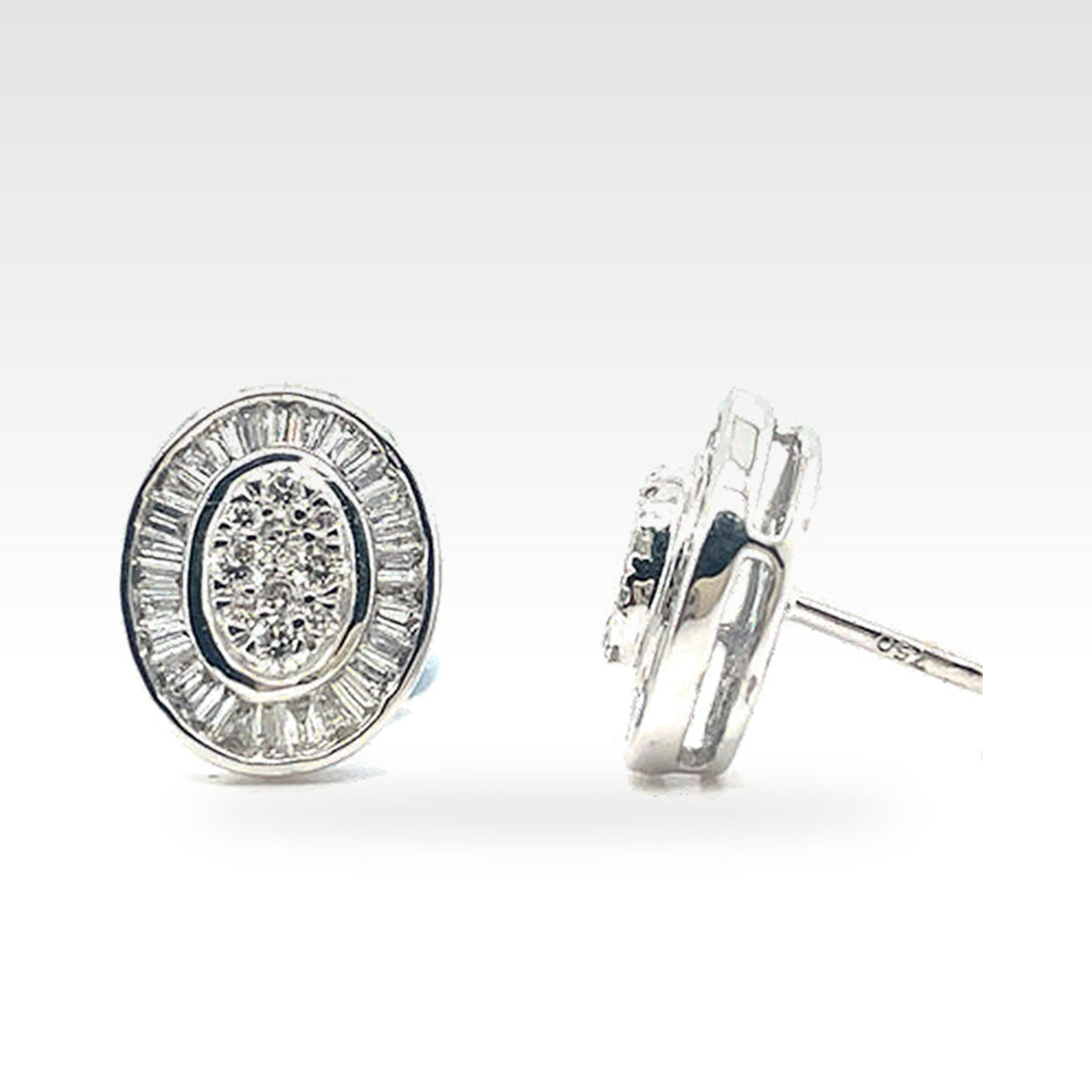 Baguette Oval Cluster Stud Earrings with round diamonds
