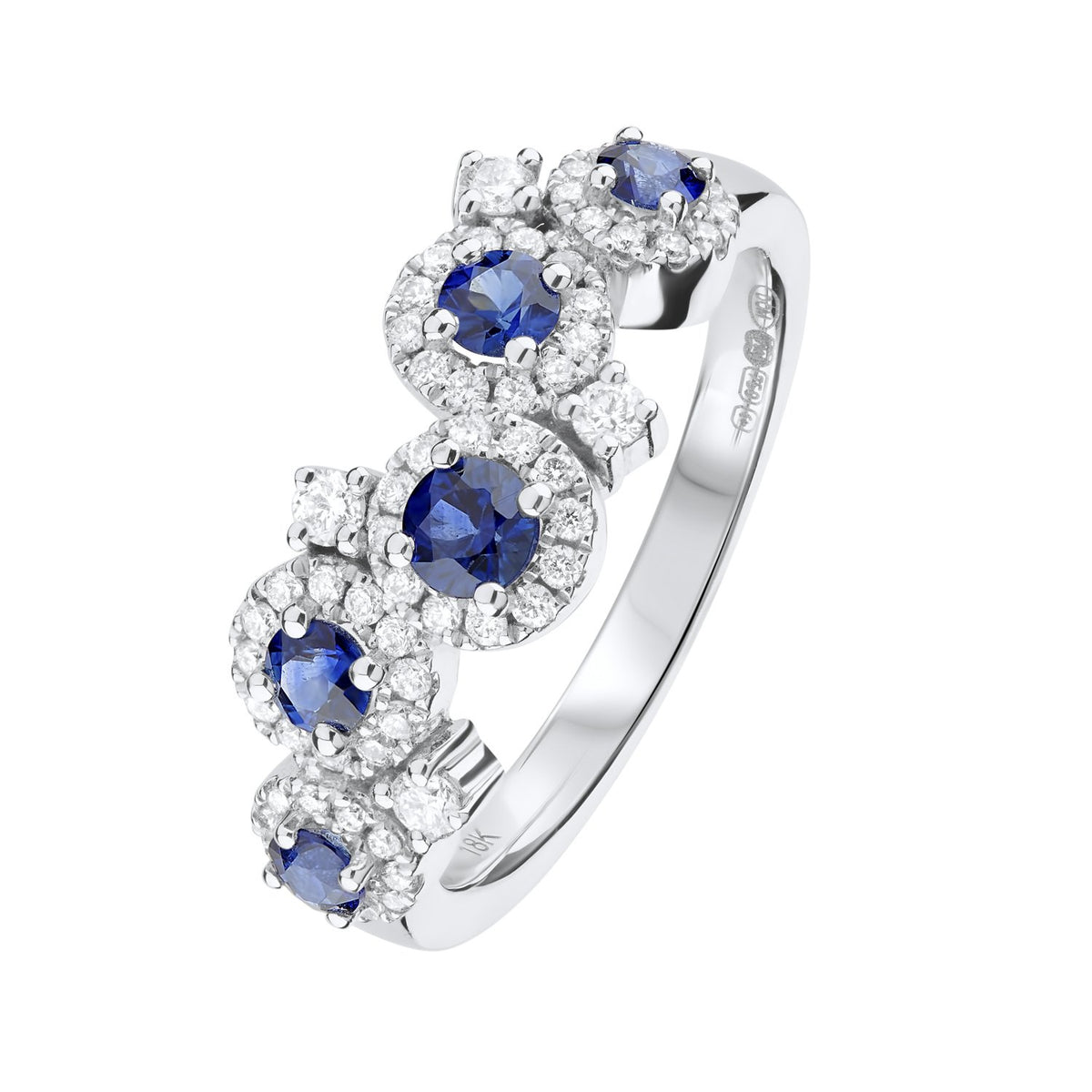 White Gold Diamond Halo Ring with Blue Sapphire Centre
