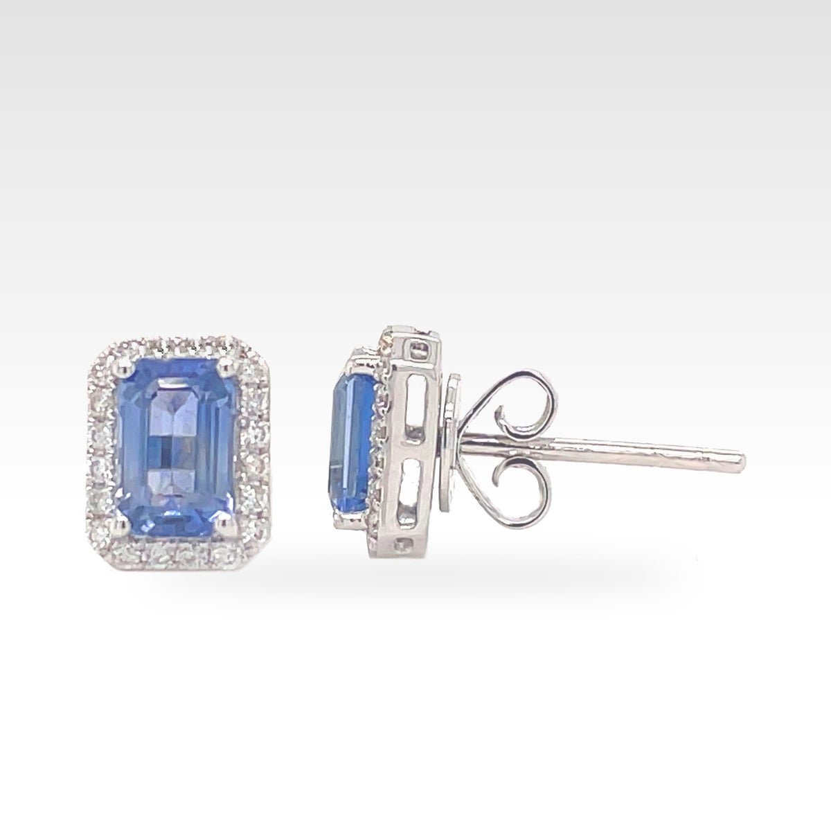 18ct Blue Topaz Emerald Shaped Earrings with natural diamonds