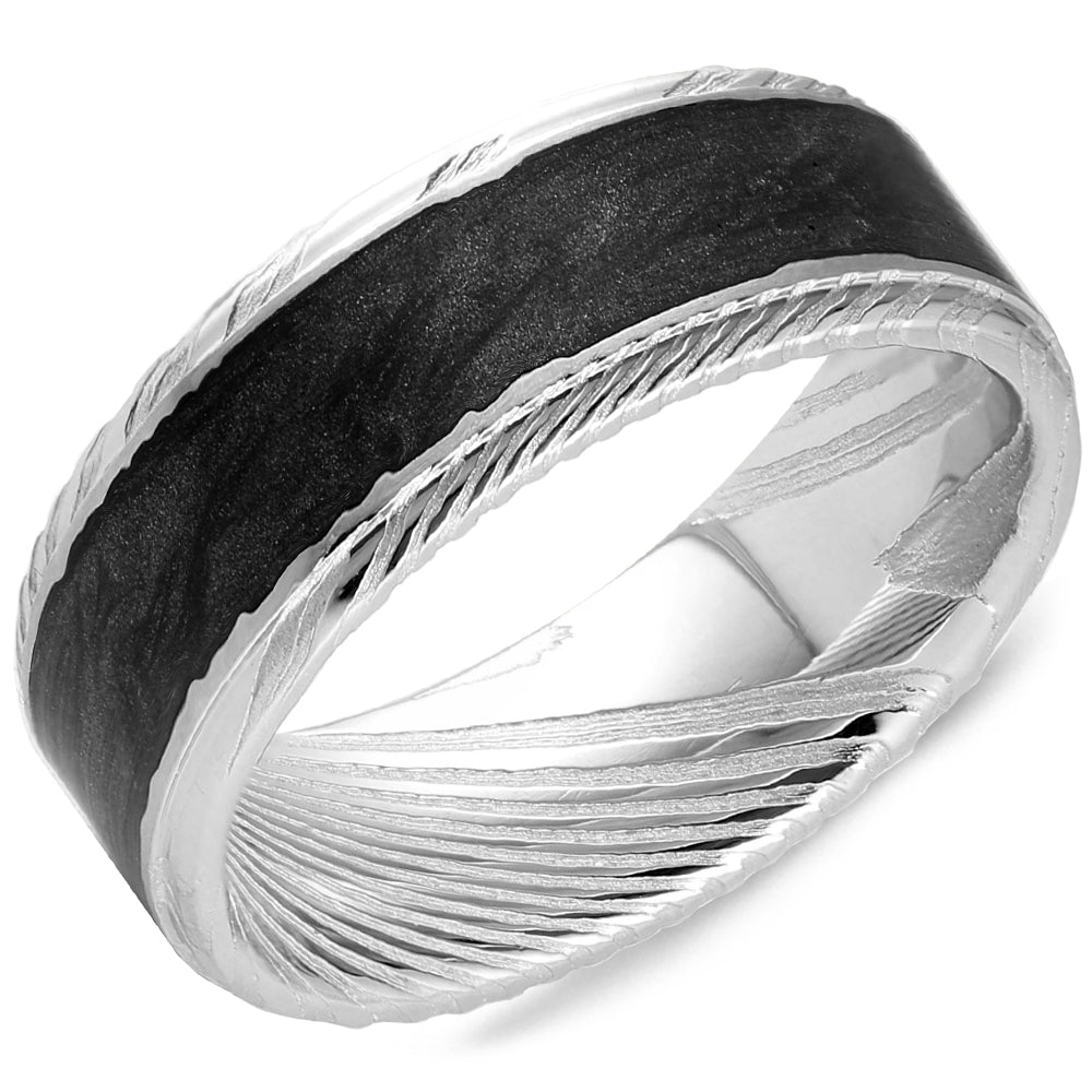 Damascus Steel &amp; Black Carbon Ring