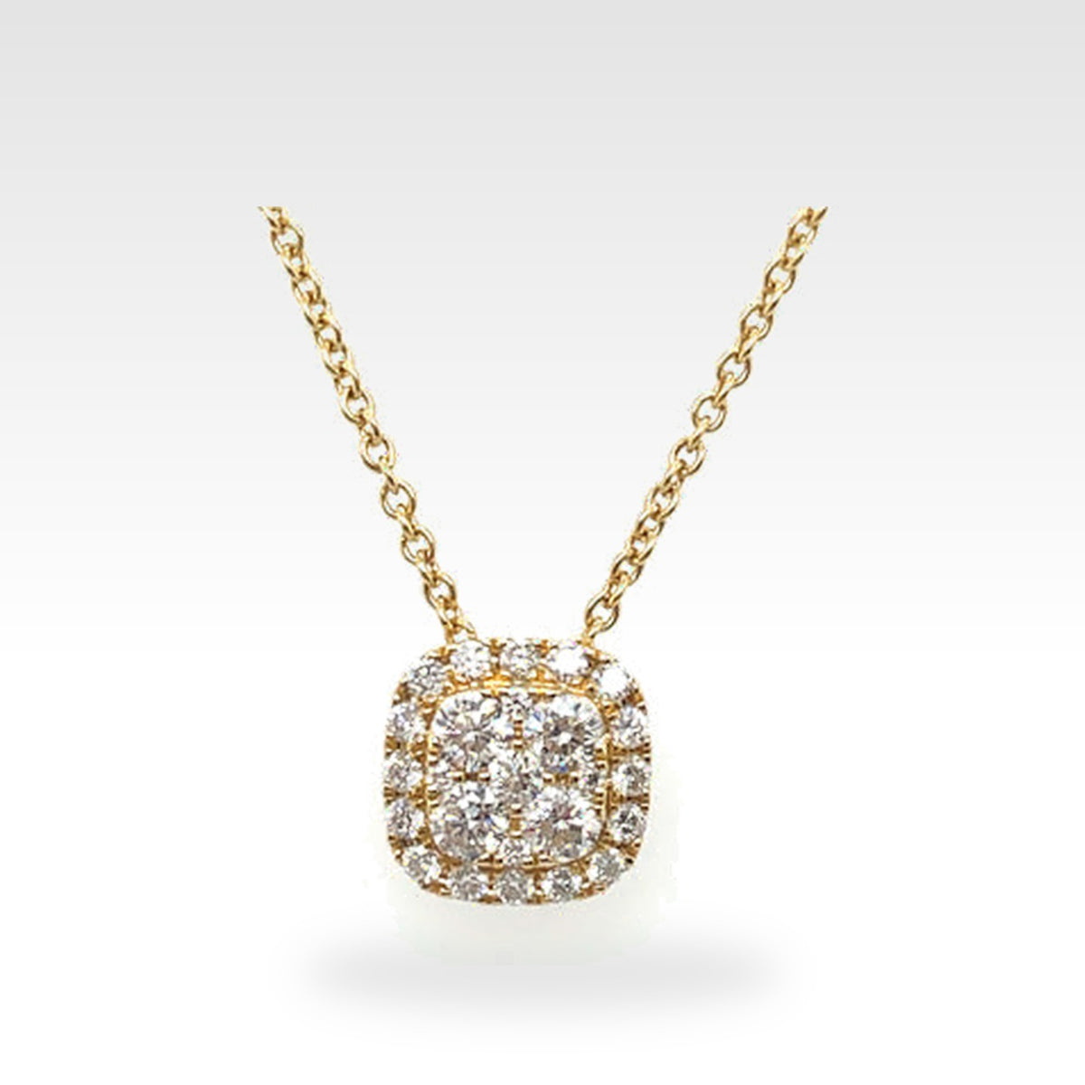 Eternal Cushion Cluster Pendant in yellow gold with round diamonds