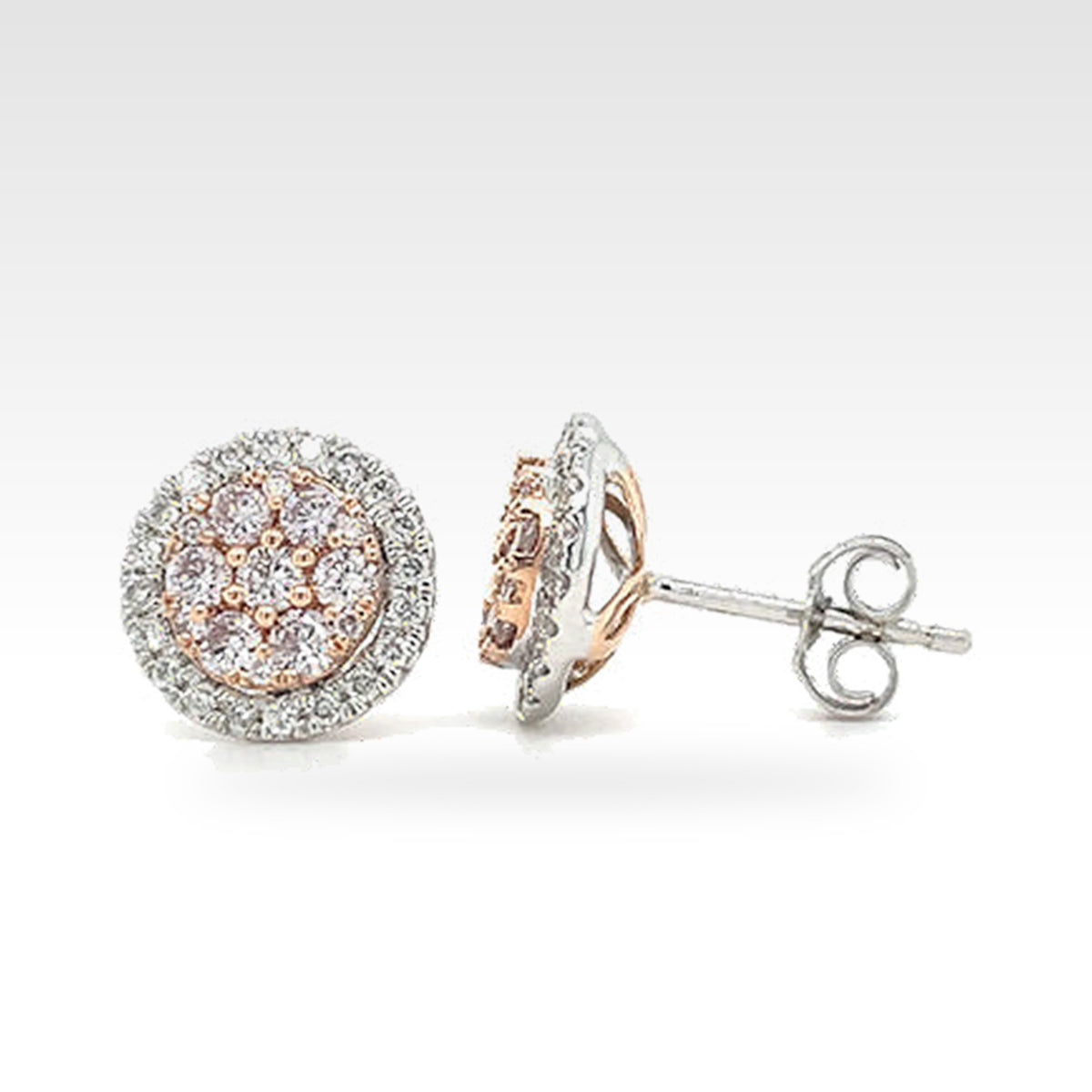 White Gold & Pink Round Natural Diamond Cluster Stud Earrings