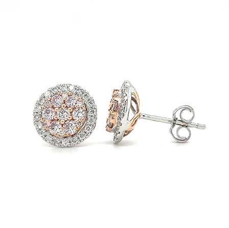White Gold &amp; Pink Round Diamond Cluster Earring Set