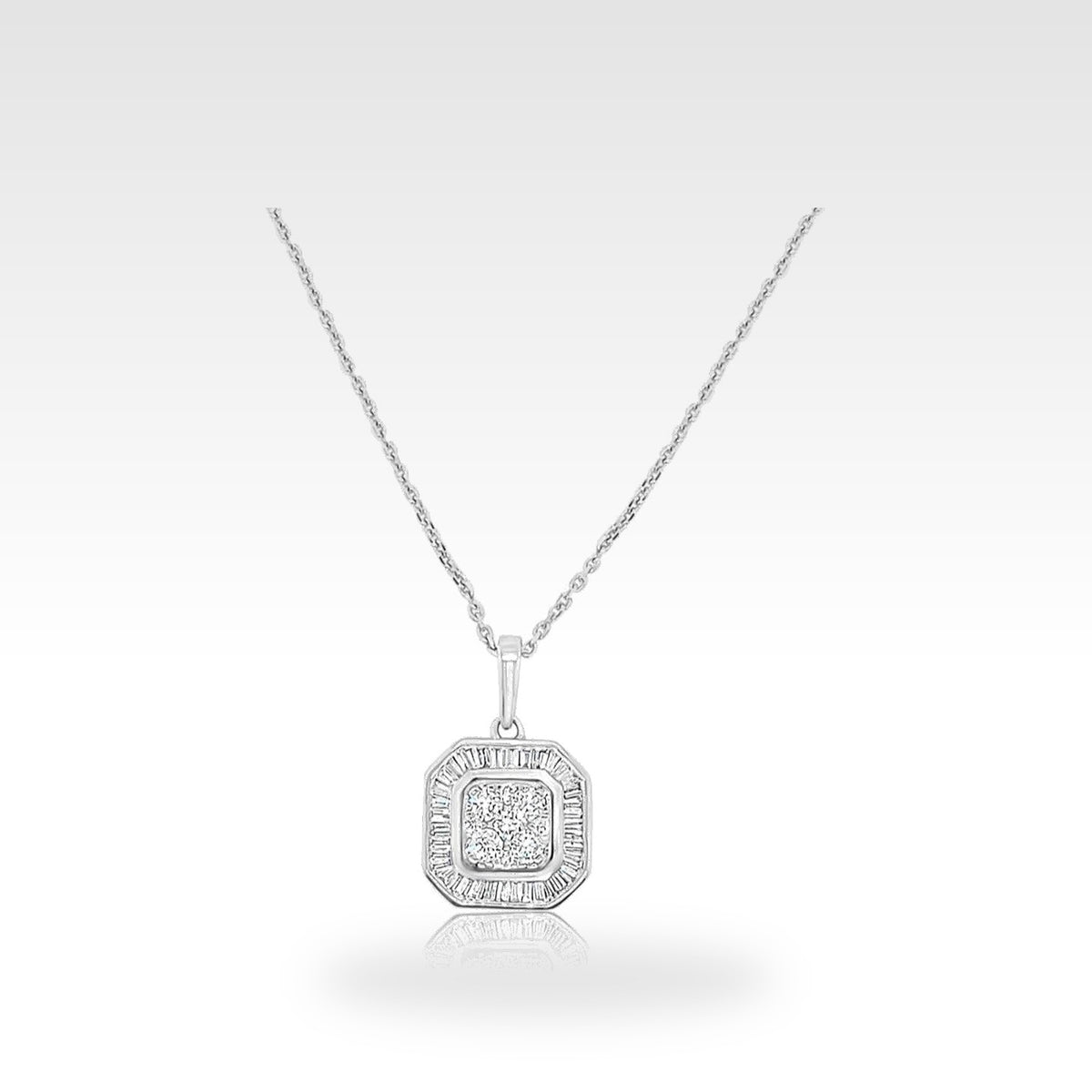 Baguette Asscher Shaped Necklace in 18ct white gold with round diamonds