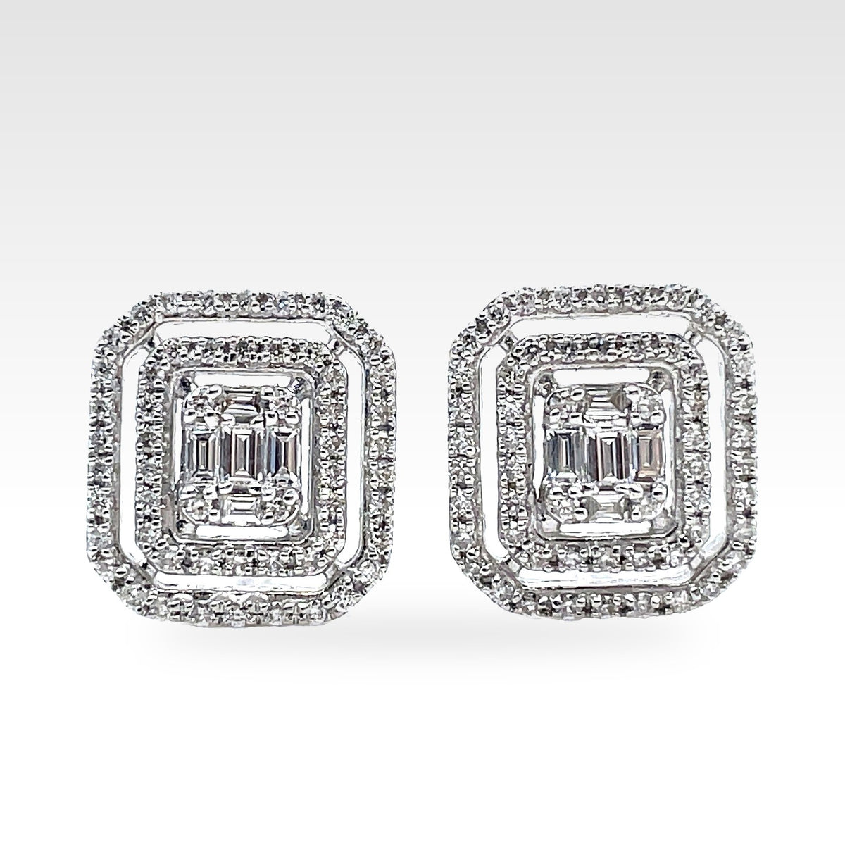 Baguette Diamond Double Halo Stud Earrings