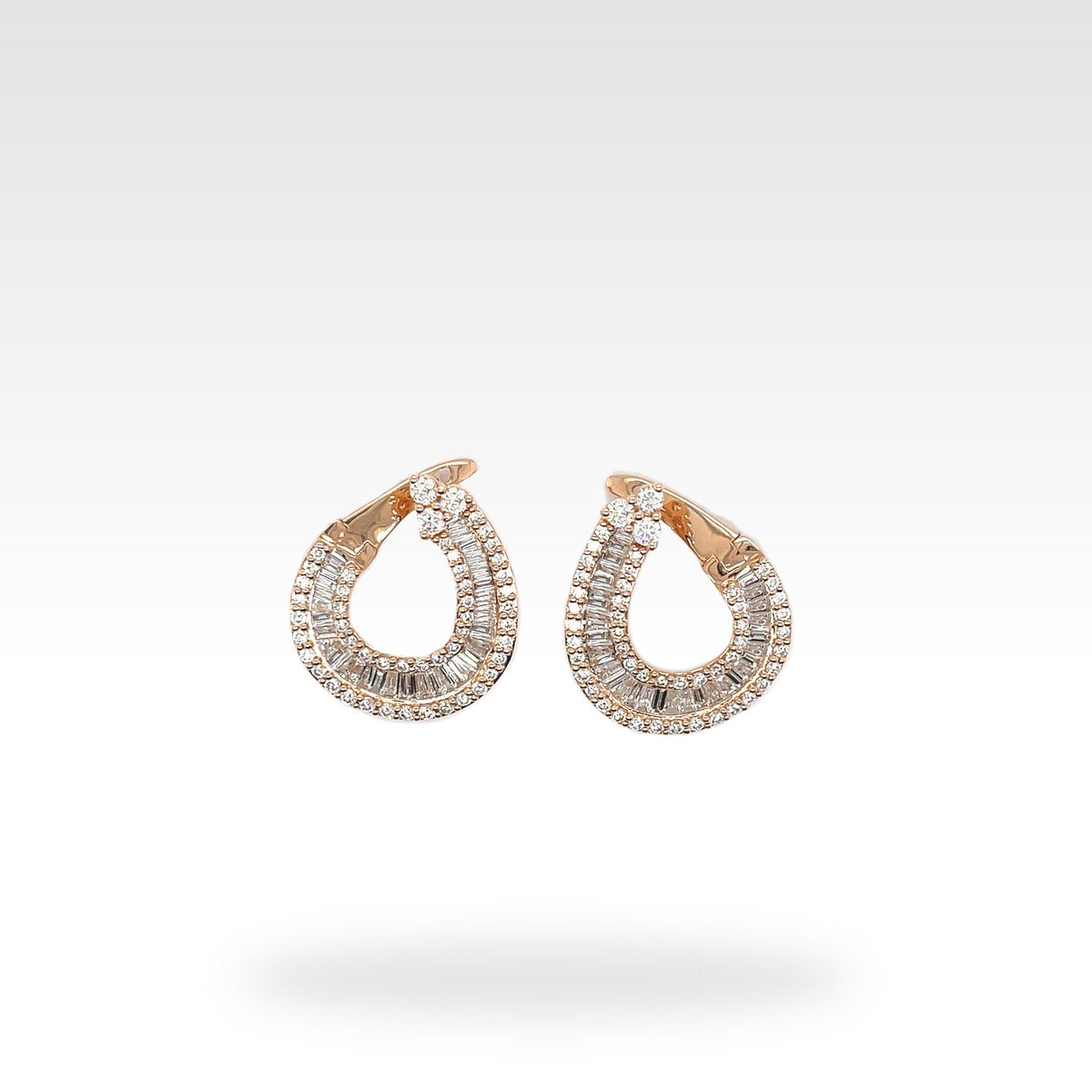 Baguette 18ct Rose Gold Tapered Earrings with round diamonds