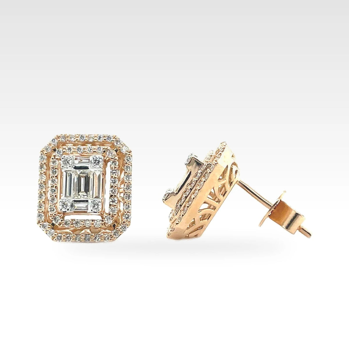 Baguette Diamond Double Halo Stud Earrings in 18ct rose gold
