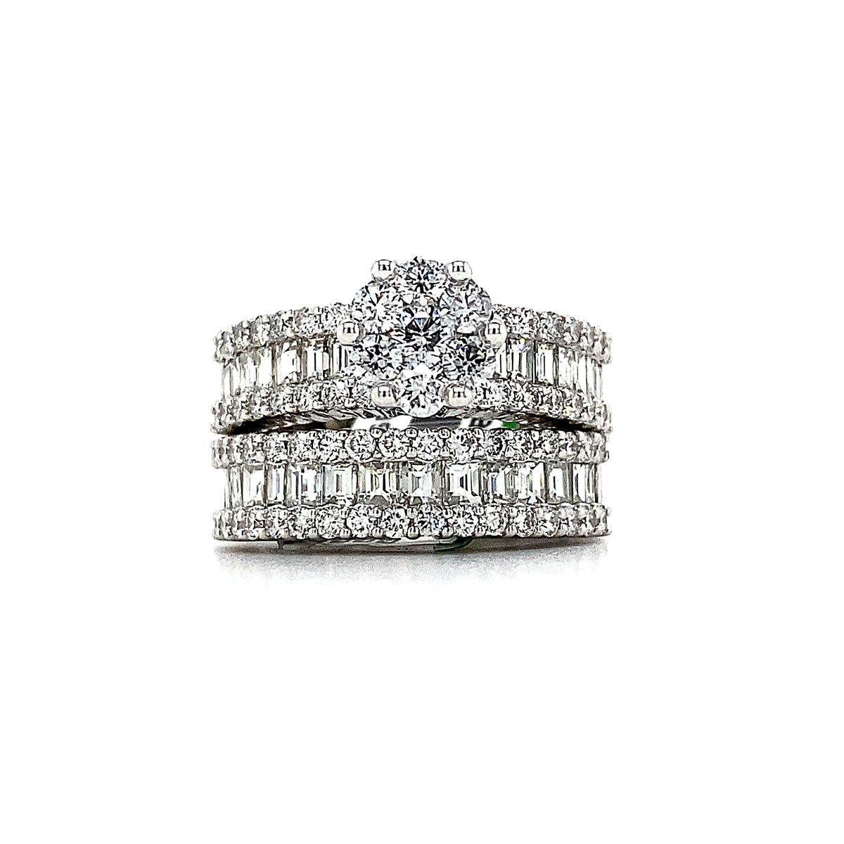 Anillo de compromiso y alianza de boda con diamantes de talla baguette y redondos de 3 quilates