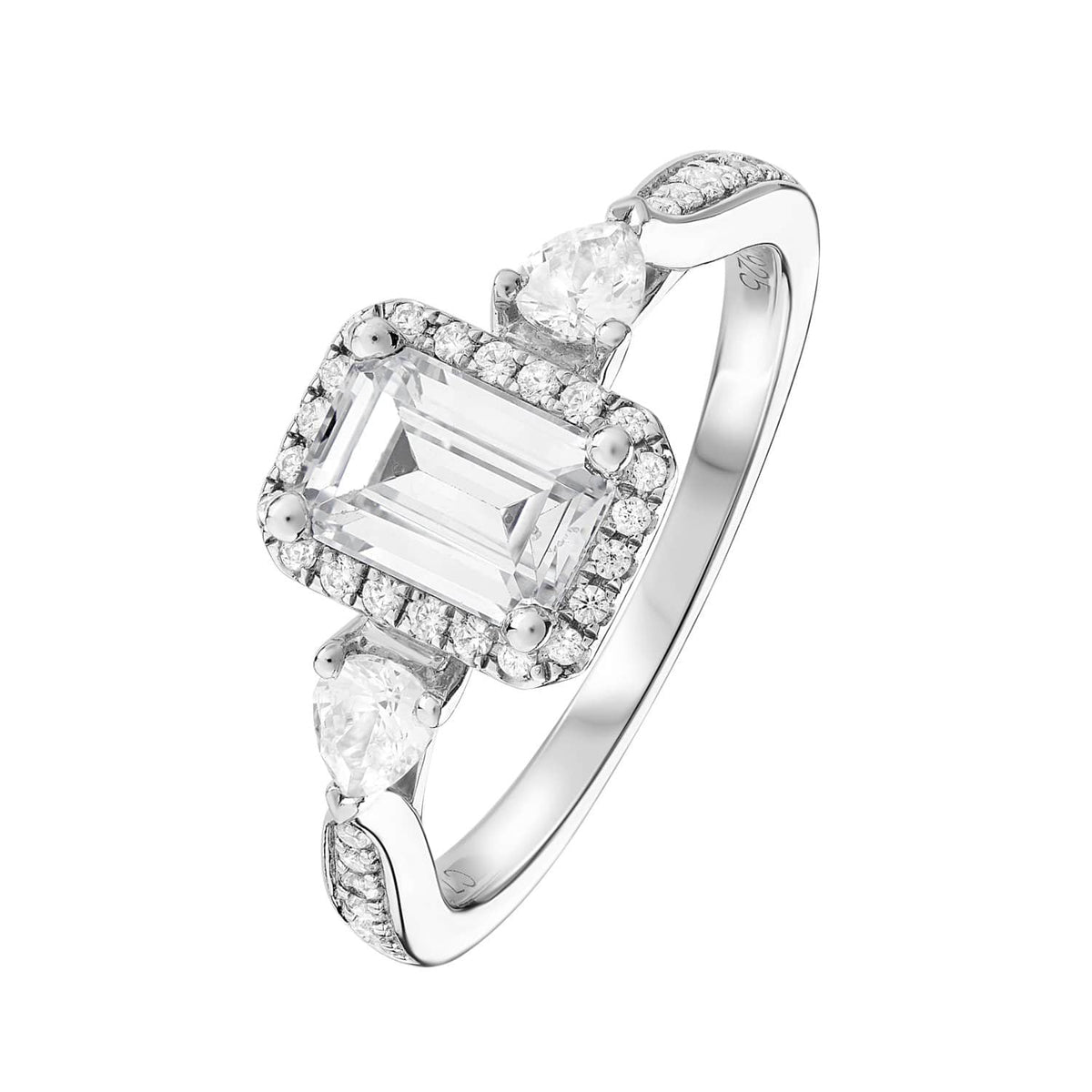 anillo de diamantes pera y esmeralda