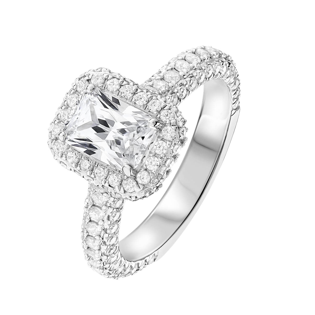 Anillo con halo de diamantes en 3D radiante