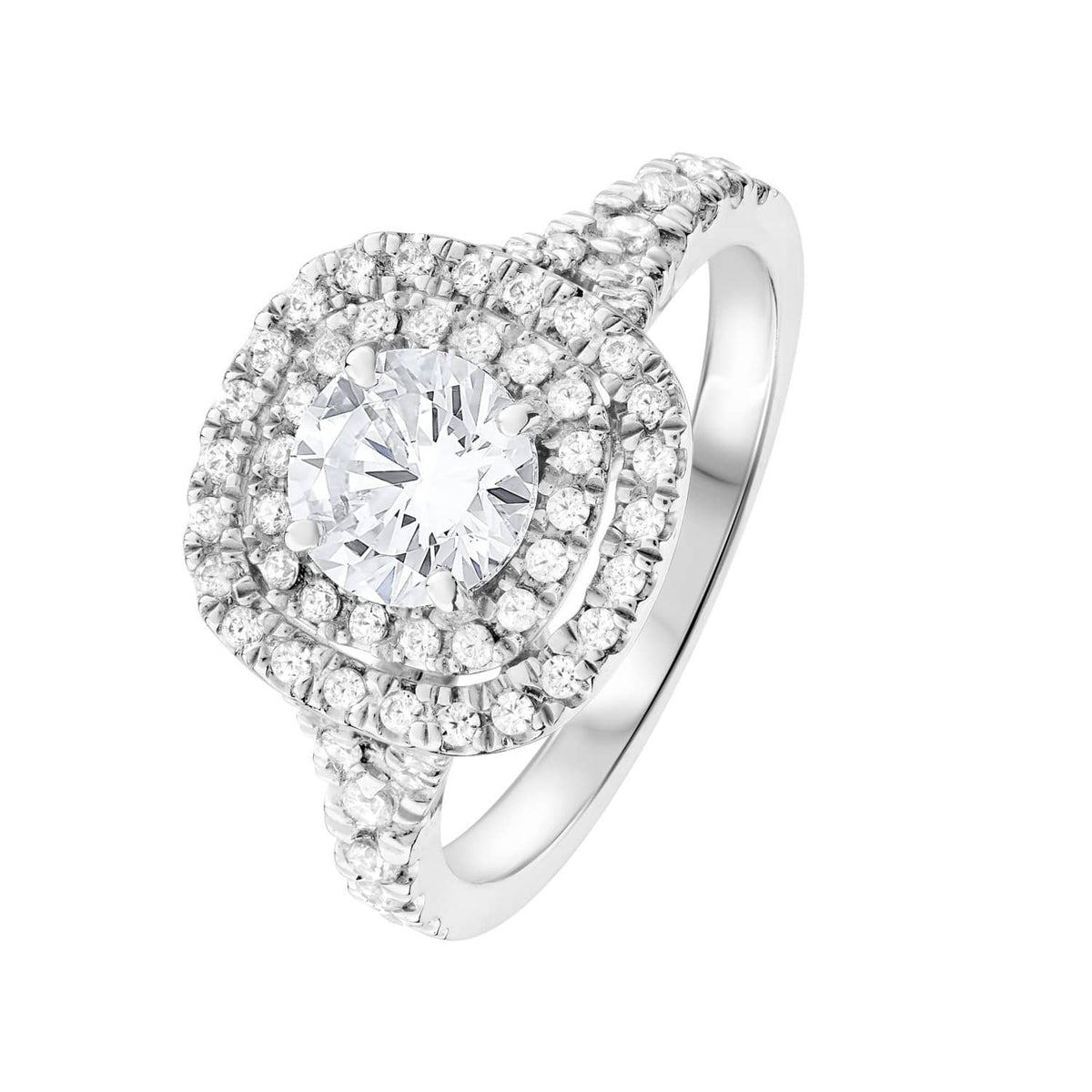 Anillo de hombro dividido con halo de cojín de diamantes dobles