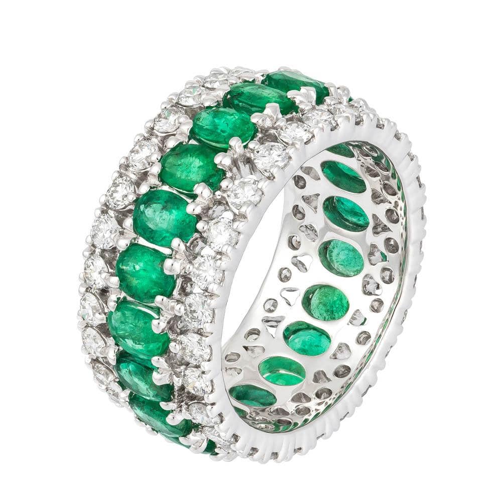 White Gold Diamond and Emerald 3 Row Eternity Ring