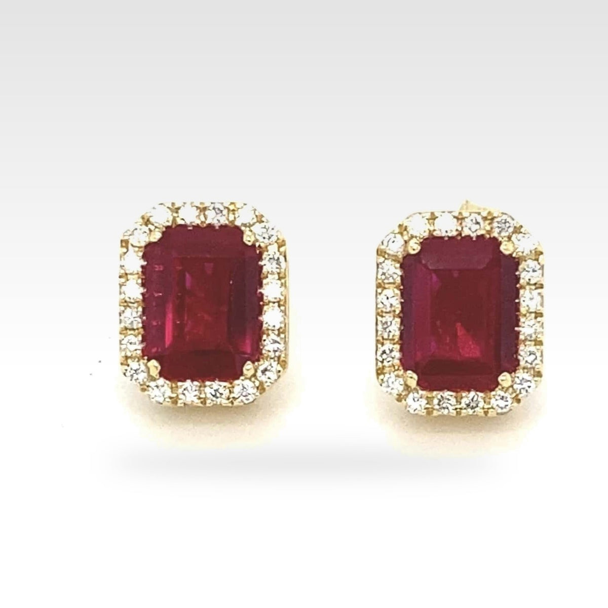 Rainbow Red Gemstone & Diamond Halo Stud Earrings in 18ct yellow gold
