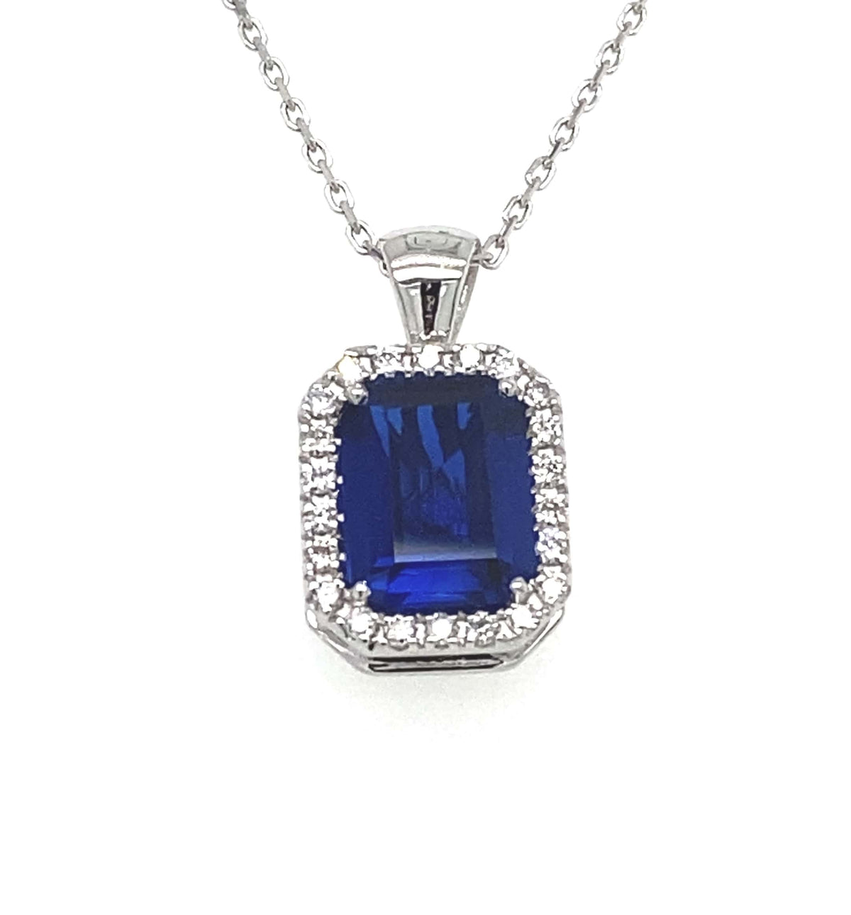 Blue Gemstone &amp; Diamond Halo Pendant