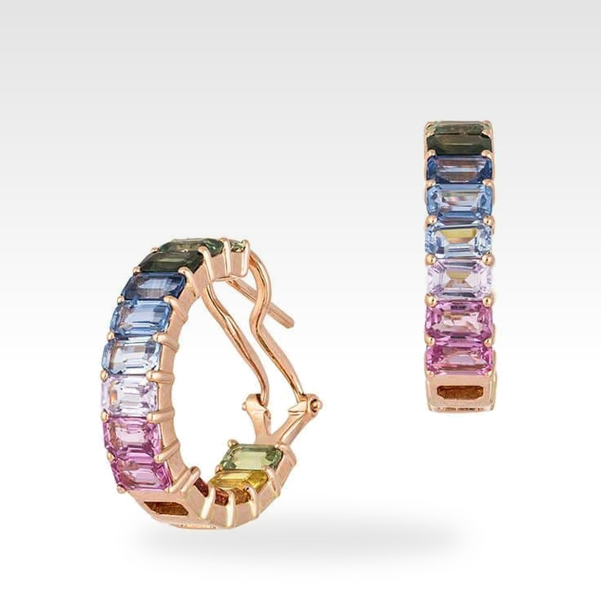Rainbow Gemstone Hoop Earrings in 18ct rose gold with emerald