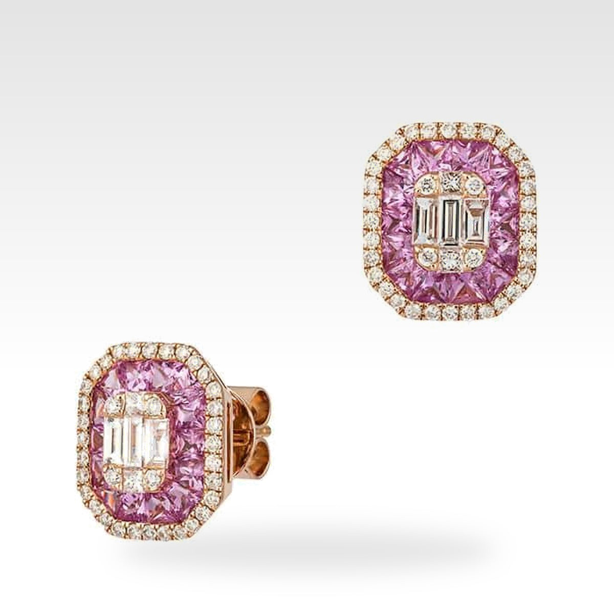 Rainbow Pink Sapphire &amp; Baguette Halo Stud Earrings in 18ct rose gold with diamonds