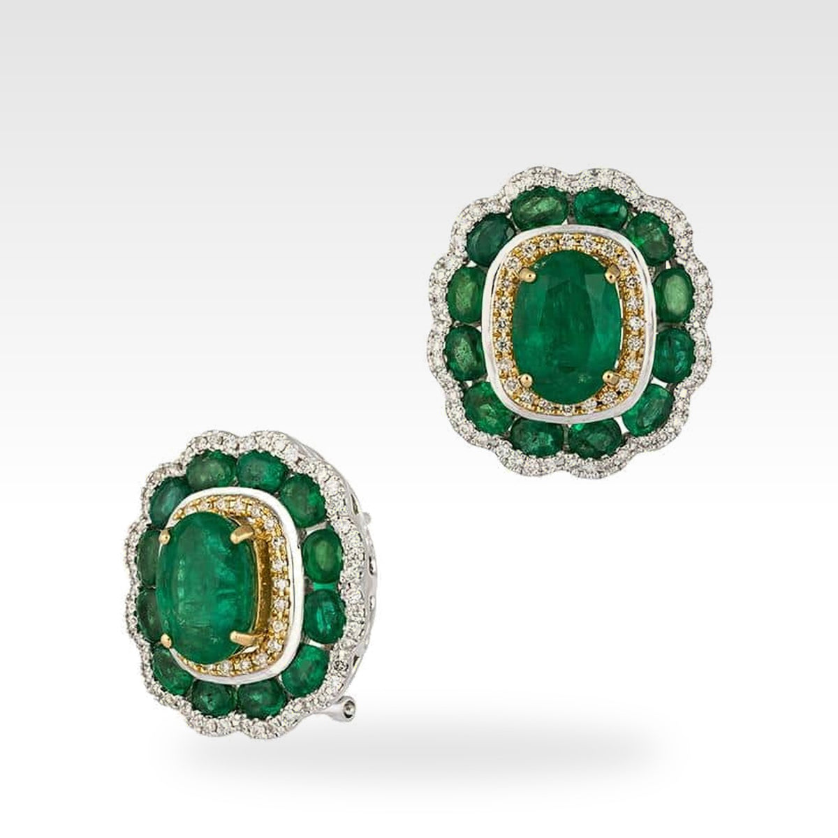 Rainbow White & Yellow Gold Stud Earrings with emerald and round diamonds