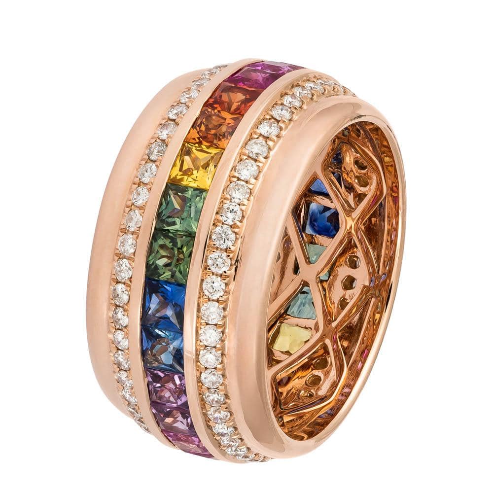 Anillo de eternidad completo de 3 filas con centro multicolor y diamantes en oro rosado