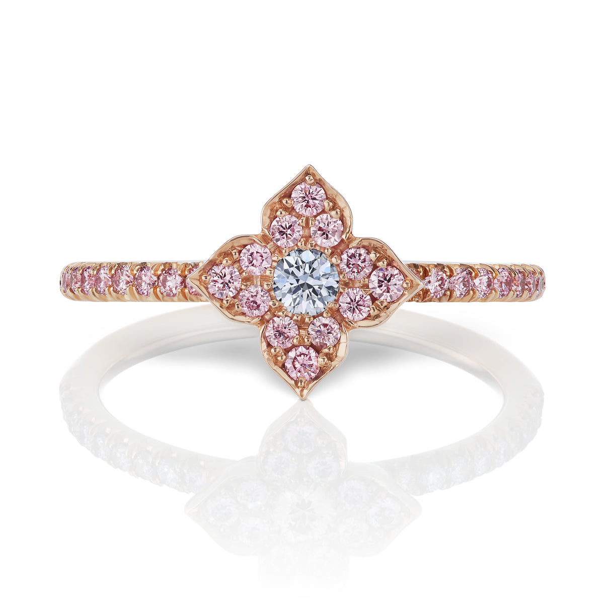 Anillo de azalea con diamantes azules y rosas Argyle