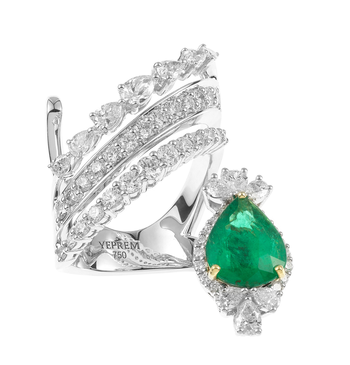 Piedra preciosa verde esmeralda con diamantes redondos y pera 